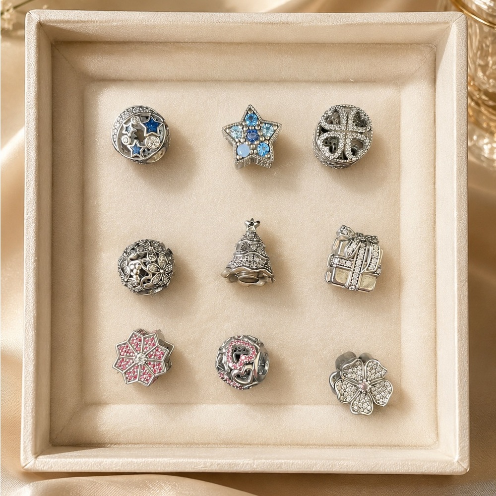 Pandora Sterling Silver Charm Set with Blue and Pink Accents $30 each, $220 tota